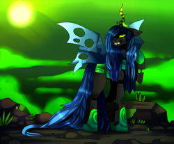 Size: 5099x4232 | Tagged: safe, artist:fluffideer, imported from derpibooru, queen chrysalis, changeling, changeling queen, crown, female, jewelry, looking back, outdoors, regalia, solo, sun