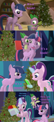 Size: 1920x4320 | Tagged: safe, artist:red4567, imported from derpibooru, spike, starlight glimmer, twilight sparkle, alicorn, dragon, comic:zits, hearthbreakers, 3d, book, christmas, christmas tree, golden oaks library, hearth's warming eve, holiday, present, source filmmaker, that pony sure does love books, tree, twilight sparkle (alicorn), winged spike, wings