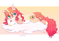 Size: 3020x2100 | Tagged: safe, artist:qawakie, imported from derpibooru, oc, oc only, pony, unicorn, cloud, flower, flower in hair, high res, horn, on a cloud, smiling, solo, unicorn oc