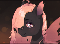 Size: 1400x1020 | Tagged: safe, artist:qawakie, imported from derpibooru, oc, oc only, changeling queen, bust, changeling queen oc, hair over one eye, red changeling, smiling, solo