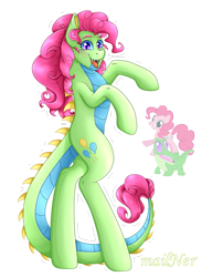 Size: 3663x5003 | Tagged: safe, artist:mailner, imported from derpibooru, gummy, pinkie pie, crocodile, pony, absurd resolution, bipedal, cutie mark, fangs, fusion, looking at you, redesign, simple background, solo, transparent background, we have become one