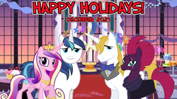 Size: 2064x1161 | Tagged: safe, anonymous artist, artist:90sigma, artist:andoanimalia, imported from derpibooru, prince blueblood, princess cadance, shining armor, tempest shadow, alicorn, unicorn, 2021, berryblood, christmas, december, decoration, female, friendship, group photo, happy holidays, hearth's warming, holiday, husband and wife, invitation, it's beginning to look a lot like christmas, male, mare, party, shiningcadance, shipping, stallion, straight, youtube link in the description