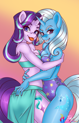 Size: 660x1020 | Tagged: safe, artist:bumblebun, artist:inkkeystudios, imported from derpibooru, starlight glimmer, trixie, anthro, breasts, cleavage, clothes, female, females only, grin, hug, lesbian, lidded eyes, looking at you, raspberry, shipping, smiling, startrix, swimsuit, symmetrical docking, tongue out