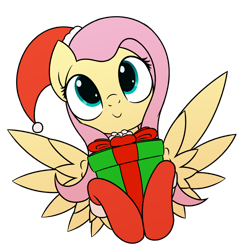 Size: 3000x3000 | Tagged: safe, artist:superderpybot, imported from ponybooru, fluttershy, pegasus, pony, christmas, clothes, cute, female, gift giving, hat, head tilt, holiday, looking at you, looking up, mare, present, ribbon, santa hat, simple background, smiling, smiling at you, socks, solo, spread wings, transparent background, wings