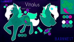 Size: 3413x1920 | Tagged: safe, artist:barnnest, imported from ponybooru, oc, oc:vitæ, pony, unicorn, ear fluff, ears, gradient background, green coat, green eyes, mask, open mouth, purple sclera, raised leg, reference sheet, solo, text, two toned mane, two toned tail
