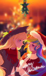 Size: 500x835 | Tagged: safe, artist:yueyong996, imported from derpibooru, applejack, rainbow dash, human, appledash, christmas, clothes, costume, female, hat, holiday, humanized, lesbian, mistletoe, santa costume, santa hat, shipping