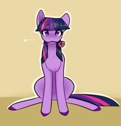 Size: 667x696 | Tagged: safe, artist:cyrinthia, edit, editor:unofficial edits thread, imported from ponybooru, twilight sparkle, earth pony, pony, female, floating heart, flower, flower in mouth, heart, heart eyes, hornless edit, looking at you, mare, mouth hold, race swap, sitting, solo, wingding eyes, wingless, wingless edit