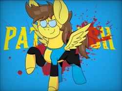 Size: 543x406 | Tagged: artist needed, safe, imported from ponybooru, oc, oc:pato dash, pegasus, pony, blood, clothes, costume, glasses, invincible, male, stallion, superhero, wings