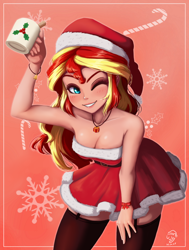 Size: 754x1000 | Tagged: safe, artist:the-park, imported from ponybooru, sunset shimmer, equestria girls, blushing, christmas outfit, mug, one eye closed, solo, wink