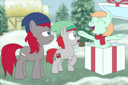 Size: 1500x1000 | Tagged: safe, artist:unsavorydom, imported from ponybooru, crimson skate, peach fuzz, train tracks (character), earth pony, pony, :o, box, christmas, clothes, colt, female, filly, foal, gift box, hat, hearth's warming, holiday, male, mare, open mouth, outdoors, pony in a box, present, raised hoof, raised leg, scarf, snow, surprised, winter