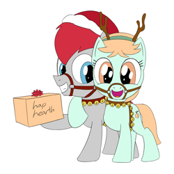 Size: 1800x1800 | Tagged: safe, artist:unsavorydom, imported from ponybooru, peach fuzz, train tracks (character), earth pony, pony, :d, antlers, christmas, colt, duo, female, filly, foal, gift giving, happy, harness, hat, hearth's warming, holiday, jingle bells, male, present, reindeer antlers, santa hat, simple background, tack, white background