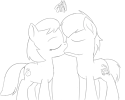 Size: 2500x2000 | Tagged: safe, artist:unsavorydom, imported from ponybooru, peach fuzz, train tracks (character), earth pony, pony, christmas, colt, duo, eyes closed, female, filly, foal, hearth's warming, holiday, kissing, lineart, male, mistletoe, monochrome, peachtrain, shipping, simple background, white background