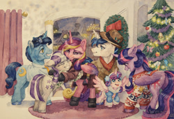 Size: 1280x876 | Tagged: safe, artist:the-wizard-of-art, imported from derpibooru, night light, princess cadance, princess flurry heart, shining armor, twilight sparkle, twilight velvet, alicorn, pony, unicorn, 2021, aunt, aunt and niece, christmas, christmas 2021, christmas tree, christmas wreath, clothes, family, female, foal, hat, hearth's warming, holiday, horn, male, mare, mother and daughter-in-law, niece, nightvelvet, shiningcadance, shipping, sparkle family, stallion, sweater, traditional art, tree, twilight sparkle (alicorn), watercolor painting, wings, wreath