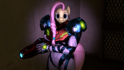 Size: 1280x720 | Tagged: safe, artist:warhammer50k, imported from derpibooru, fluttershy, anthro, pegasus, 3d, arm cannon, armor, fluttershy is not amused, hand cannon, looking at you, metroid, metroid dread, power armor, power suit, samus aran, source filmmaker, unamused
