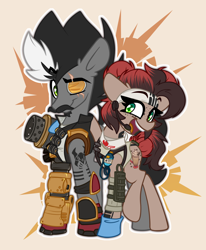 Size: 1492x1808 | Tagged: safe, artist:nekro-led, imported from derpibooru, oc, oc only, oc:choco mocca, oc:nekro led, earth pony, amputee, apex legends, armor, beard, cannon, clothes, cosplay, costume, cute, eyepatch, facial hair, freckles, fuse, gloves, lifeline, moustache, prosthetic limb, prosthetics, robotic legs, scar