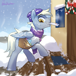 Size: 3000x3000 | Tagged: safe, artist:jedayskayvoker, imported from derpibooru, derpy hooves, pegasus, pony, beanie, christmas, christmas wreath, clothes, doormat, dopey hooves, facial hair, hat, high res, holiday, house, letter, mail, mailbag, mailpony, male, mouth hold, rule 63, scarf, smiling, snow, solo, stallion, stubble, winter, wreath