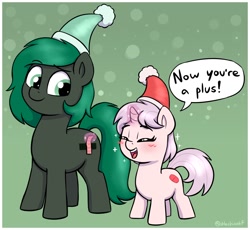 Size: 1690x1552 | Tagged: safe, artist:heretichesh, imported from derpibooru, oc, oc:minus, oc:red pill, earth pony, pony, unicorn, bandaid, blushing, christmas, cute, dialogue, duo, duo male and female, eyes closed, female, filly, foal, hat, holiday, magic, male, ocbetes, open mouth, open smile, pun, pure unfiltered good, santa hat, silly filly, smiling, speech bubble, stallion, telekinesis, visual pun