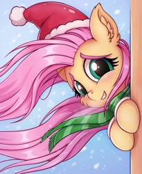 Size: 1962x2393 | Tagged: safe, artist:zeepheru_pone, imported from derpibooru, fluttershy, pegasus, pony, cheek fluff, christmas, clothes, cute, ear fluff, hat, holiday, looking at you, santa hat, scarf, shyabetes, smiling, snow, snowfall, solo, windswept mane