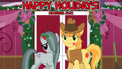 Size: 2064x1161 | Tagged: safe, anonymous artist, artist:floppychiptunes, artist:slb94, imported from derpibooru, braeburn, marble pie, earth pony, pony, 2021, barn, blushing, braeble, christmas, december, decoration, female, happy holidays, hearth's warming, holiday, kiss mark, lipstick, lyrics in the description, male, mare, shipping, smiling, stallion, straight, youtube link in the description