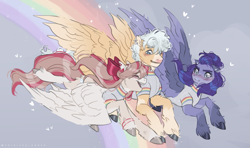 Size: 1371x809 | Tagged: safe, artist:sannateacupss, imported from derpibooru, angel wings, hyacinth dawn, mountain haze, pegasus, pony, top bolt, background pony, clothes, ear piercing, earring, flying, jewelry, piercing, shipping, shirt, spread wings, t-shirt, trio, wings