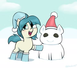 Size: 2145x1905 | Tagged: safe, artist:heretichesh, imported from derpibooru, oc, oc only, earth pony, pony, blushing, boots, christmas, cute, eye clipping through hair, female, filly, foal, hat, holiday, ocbetes, open mouth, open smile, santa hat, shoes, smiling, snow, snowpony, solo