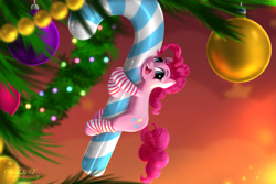 Size: 2625x1750 | Tagged: safe, artist:darksly, imported from derpibooru, pinkie pie, earth pony, pony, candy, candy cane, christmas, christmas ornament, christmas tree, clothes, decoration, food, holiday, open mouth, socks, solo, striped socks, tiny, tiny ponies, tree