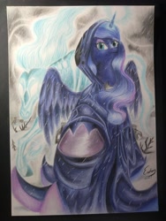 Size: 3120x4160 | Tagged: safe, artist:shadowingartist, imported from derpibooru, princess luna, spirit of hearth's warming yet to come, windigo, badass, hearth's warming eve, magic, magic aura, realistic, snow, traditional art