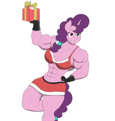 Size: 1951x2048 | Tagged: safe, artist:matchstickman, imported from derpibooru, sugar belle, anthro, unicorn, abs, biceps, breasts, busty sugar belle, christmas, christmas presents, clothes, deltoids, female, gloves, grin, hand on hip, holiday, implied big macintosh, looking at someone, mare, midriff, muscles, muscular female, simple background, smiling, solo, sugar barbell, thighs, thunder thighs, white background