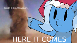 Size: 1280x720 | Tagged: safe, artist:str8aura-draws-horses-and-stuff, imported from derpibooru, trixie, pony, unicorn, christmas, hat, here it comes, holiday, meme, santa hat, tornado, tornado selfie