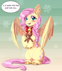 Size: 2038x2302 | Tagged: safe, artist:_ladybanshee_, imported from derpibooru, fluttershy, pegasus, pony, alternate hairstyle, bipedal, blushing, braid, bronybait, chest fluff, christmas, cute, ear fluff, female, high res, holiday, hoof fluff, looking at you, mare, plushie, shyabetes, solo, sweet dreams fuel, talking to viewer, teddy bear, unshorn fetlocks, wholesome