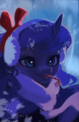 Size: 1500x2312 | Tagged: safe, artist:hierozaki, imported from derpibooru, princess luna, alicorn, pony, bust, candy, candy cane, earmuffs, female, food, mare, mouth hold, portrait, solo