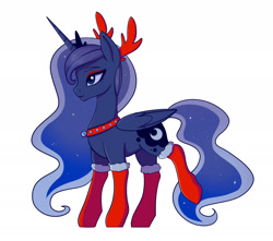 Size: 2114x1868 | Tagged: safe, artist:tanatos, imported from derpibooru, princess luna, alicorn, pony, animal costume, bell, bell collar, christmas, clothes, collar, costume, eyeshadow, fake antlers, female, holiday, makeup, mare, raised hoof, reindeer costume, simple background, socks, solo, stockings, thigh highs, white background