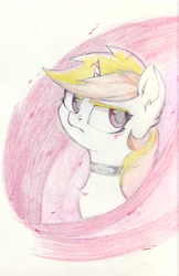 Size: 4435x6830 | Tagged: safe, artist:foxtrot3, imported from derpibooru, oc, oc only, oc:vida emotionate, pony, unicorn, choker, embers, fire, looking at you, magenta eyes, solo, traditional art