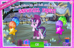 Size: 1042x680 | Tagged: safe, imported from derpibooru, snowfall frost, starlight glimmer, pony, unicorn, a hearth's warming tail, advertisement, balloon, christmas, female, gameloft, hat, hearth's warming eve, holiday, lidded eyes, mare, official, present, smiling, snow, solo, text, top hat, winter