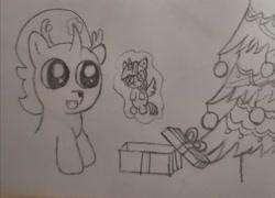 Size: 1582x1141 | Tagged: safe, imported from derpibooru, king sombra, twilight sparkle, alicorn, deer, unicorn, antlers, christmas, christmas tree, doll, holiday, magic, present, toy, traditional art, tree, twilight sparkle (alicorn)