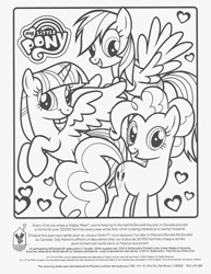 Size: 612x792 | Tagged: safe, imported from derpibooru, pinkie pie, rainbow dash, twilight sparkle, alicorn, black and white, coloring page, curly hair, curly mane, grayscale, heart, horn, mcdonald's, monochrome, my little pony logo, printable, simple background, straight hair, straight mane, twilight sparkle (alicorn), white background, wings