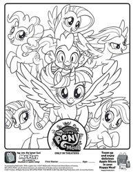 Size: 612x792 | Tagged: safe, imported from derpibooru, applejack, fluttershy, pinkie pie, rainbow dash, rarity, spike, twilight sparkle, alicorn, dragon, unicorn, my little pony: the movie, applejack's hat, coloring page, cowboy hat, curly hair, curly mane, happy meal, hat, horn, mcdonald's, monochrome, my little pony logo, printable, straight hair, straight mane, twilight sparkle (alicorn), wings