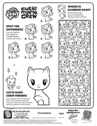 Size: 612x792 | Tagged: safe, imported from derpibooru, applejack, fluttershy, pinkie pie, rainbow dash, spike, twilight sparkle, alicorn, dragon, activity sheet, applejack's hat, black and white, cowboy hat, create, cutie mark crew, eyes closed, grayscale, happy meal, hat, horn, mcdonald's, monochrome, my little pony logo, printable, spot the difference, straight hair, straight mane, toy, twilight sparkle (alicorn), where's waldo, wings