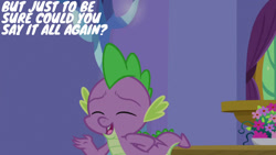 Size: 1280x720 | Tagged: safe, edit, edited screencap, editor:quoterific, imported from derpibooru, screencap, spike, dragon, dragon dropped, season 9, eyes closed, male, open mouth, open smile, smiling, solo, twilight's castle, winged spike, wings