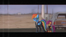 Size: 1920x1080 | Tagged: safe, artist:menalia, imported from derpibooru, rainbow dash, scootaloo, cyborg, cyborg pony, pegasus, pony, aesthetics, car, clothes, error, female, filly, foal, glitch, jacket, jeans, john connor, leather jacket, mare, movie reference, pants, shirt, t-800, t-shirt, terminator, terminator 2, vhs, walking, wings