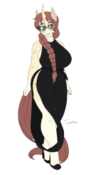 Size: 2200x4000 | Tagged: safe, artist:tertonda, imported from derpibooru, oc, oc only, oc:céline actias, anthro, unguligrade anthro, unicorn, anthro oc, big breasts, black dress, braid, breasts, clothes, commission, curved horn, digital art, dress, female, freckles, glasses, high heels, horn, mare, round glasses, shoes, side slit, signature, simple background, smiling, solo, transparent background, unicorn oc