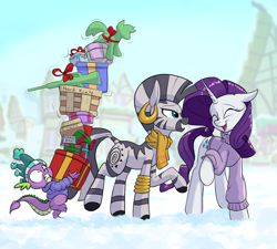 Size: 2000x1800 | Tagged: safe, artist:rocket-lawnchair, imported from derpibooru, rarity, spike, zecora, dragon, pony, unicorn, zebra, carrying, clothes, gun, hat, present, rifle, sweater, weapon, winter hat