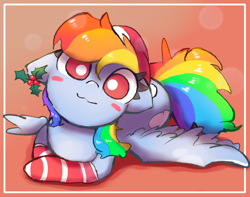 Size: 2388x1881 | Tagged: safe, artist:papersurgery, imported from derpibooru, rainbow dash, pegasus, pony, blush sticker, blushing, christmas, cute, dashabetes, floppy ears, hat, holiday, holly, looking at you, santa hat, smiling, solo, white pupils