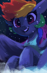 Size: 1500x2312 | Tagged: safe, artist:hierozaki, imported from derpibooru, rainbow dash, pegasus, pony, female, mare, smiling, snow, snowfall, solo