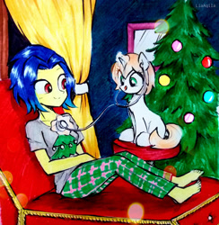 Size: 883x905 | Tagged: safe, artist:liaaqila, imported from derpibooru, oc, oc:blissful trance, oc:healing touch, pony, unicorn, equestria girls, checkup, christmas, christmas tree, clothes, holiday, magic, pajamas, stethoscope, tree