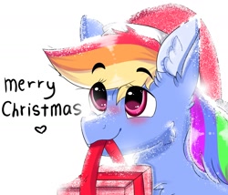 Size: 1400x1200 | Tagged: safe, artist:valkiria, imported from derpibooru, rainbow dash, pegasus, pony, blushing, christmas, hat, holiday, mouth hold, present, santa hat, smiling, snow, solo