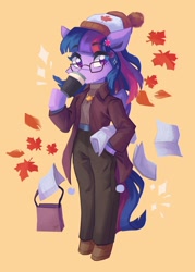 Size: 860x1200 | Tagged: safe, artist:saxopi, imported from derpibooru, twilight sparkle, alicorn, semi-anthro, clothes, coffee, glasses, jacket, leaves, looking at you, missing horn, pants, solo, suit, twilight sparkle (alicorn)