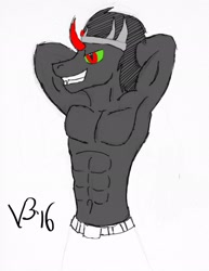 Size: 1583x2048 | Tagged: safe, artist:vitaminbob, imported from derpibooru, king sombra, anthro, unicorn, abs, arm behind head, armpits, bust, male, muscles, smiling, smirk, solo, traditional art