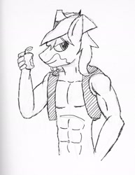 Size: 1582x2048 | Tagged: safe, artist:vitaminbob, imported from derpibooru, braeburn, anthro, earth pony, abs, apple, braebuff, eating, food, herbivore, lineart, male, monochrome, muscles, muscular male, solo