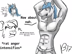 Size: 2048x1536 | Tagged: safe, artist:vitaminbob, imported from derpibooru, oc, oc only, anthro, rat, unicorn, angry, armpits, bust, clothes, dialogue, horn, muscles, shorts, smiling, smirk, unicorn oc